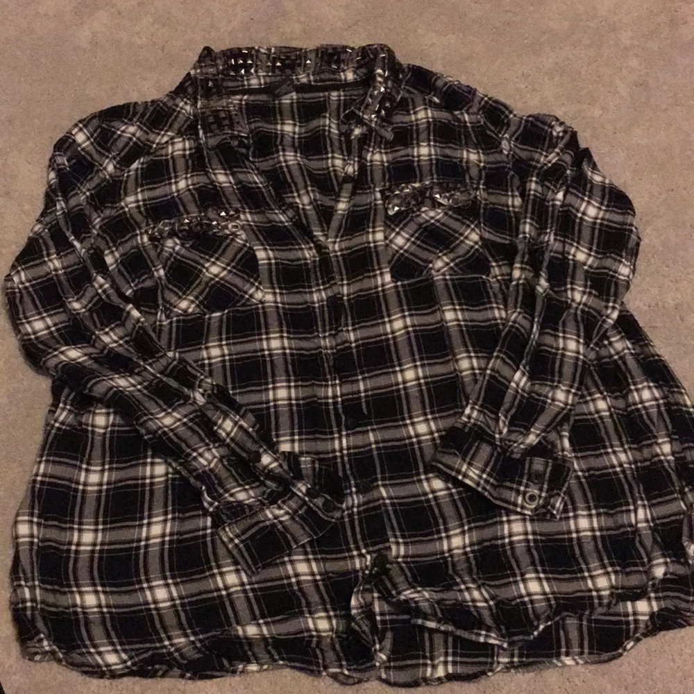torrid Black and White Plaid Button-Down Shirt with Stud Accents